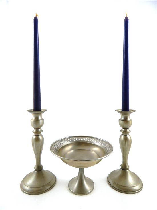 Appraisal: Three pieces of th C pewter candlesticks and bowl on