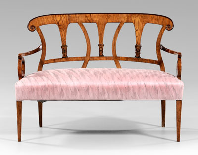 Appraisal: Biedermeier stencil-decorated settee ash or elm veneers arched cr