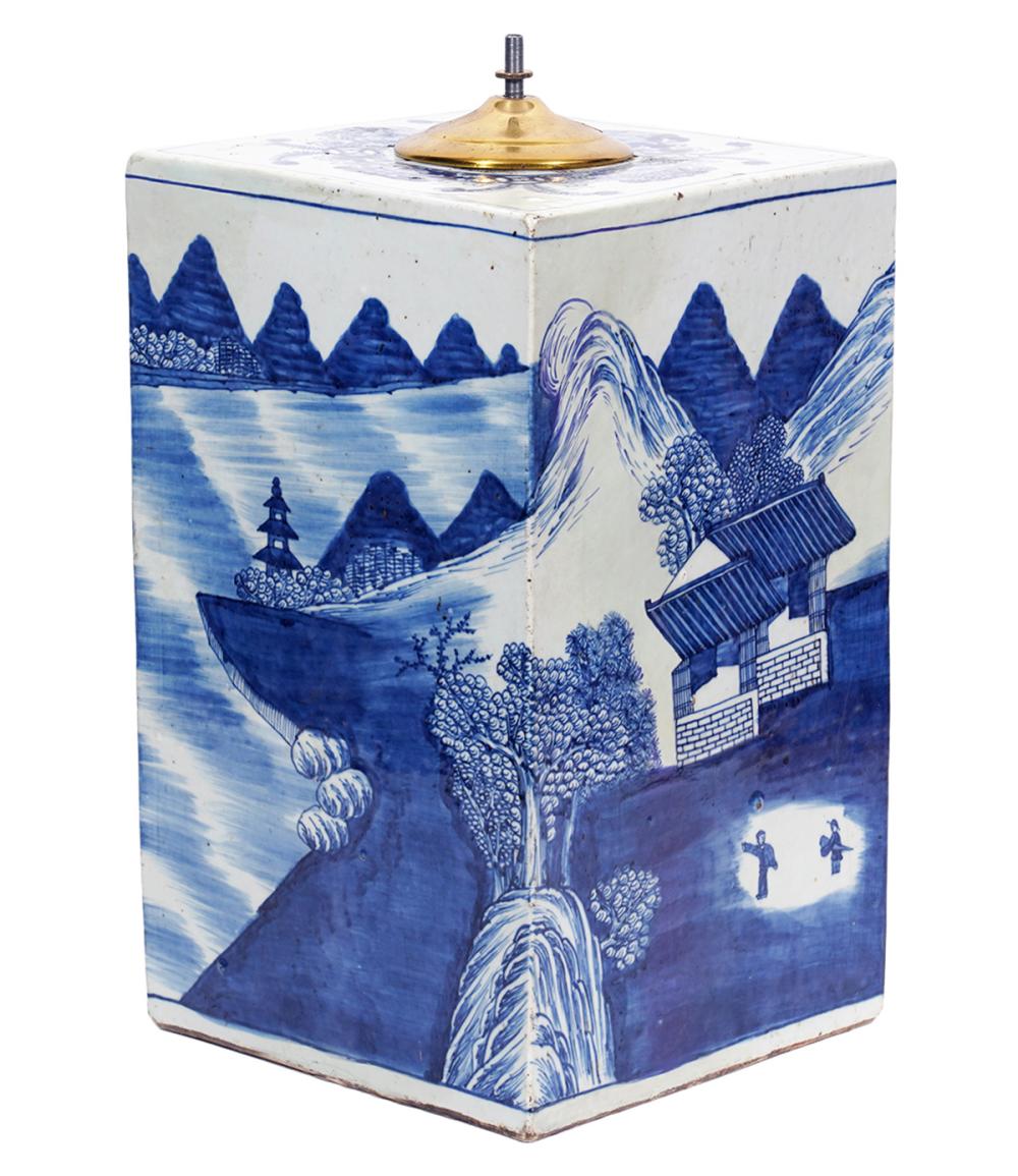 Appraisal: CHINESE BLUE WHITE TEA CADDY LAMPChinese large blue white porcelain