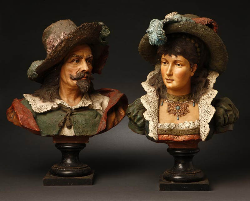 Appraisal: A pair of Goldscheider terracotta busts man woman A pair