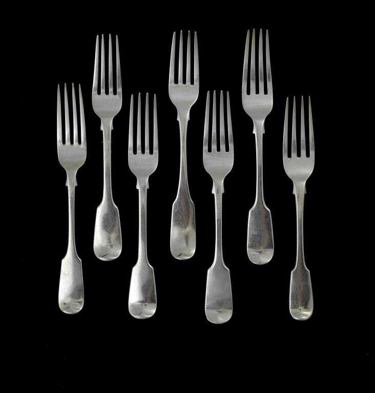 Appraisal: SEVEN ENGLISH AND IRISH GEORGE III VICTORIAN TABLE FORKS various