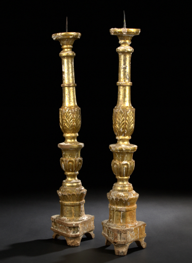 Appraisal: Tall Pair of Italian Turned and Acanthine-Carved Giltwood Pricket Altar