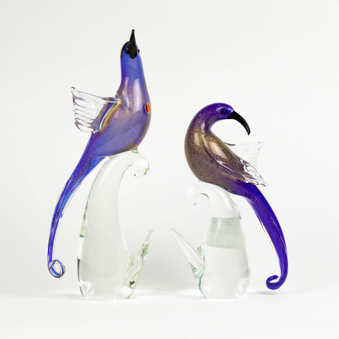 Appraisal: A PAIR OF MURANO GOLD FLECKED COBALT GLASS BIRDS A