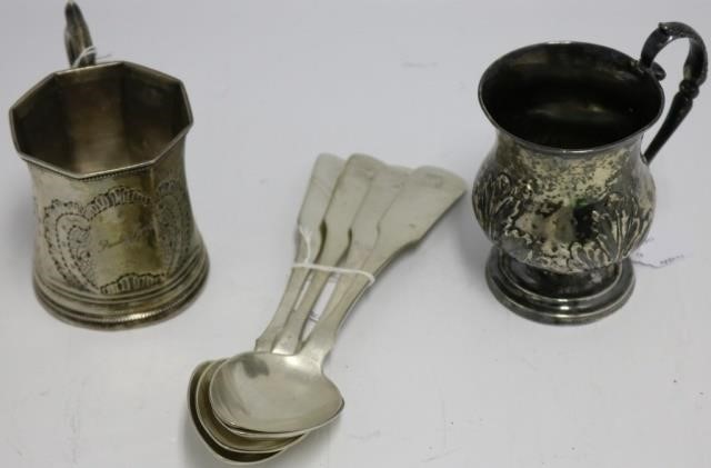 Appraisal: PIECE COIN SILVER LOT TO INCLUDE HANDLED CUPSAND TABLESPOONS ONE