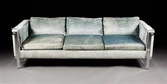 Appraisal: Mid-century Modern chrome and upholstered three-cushion sofa Estimate - No