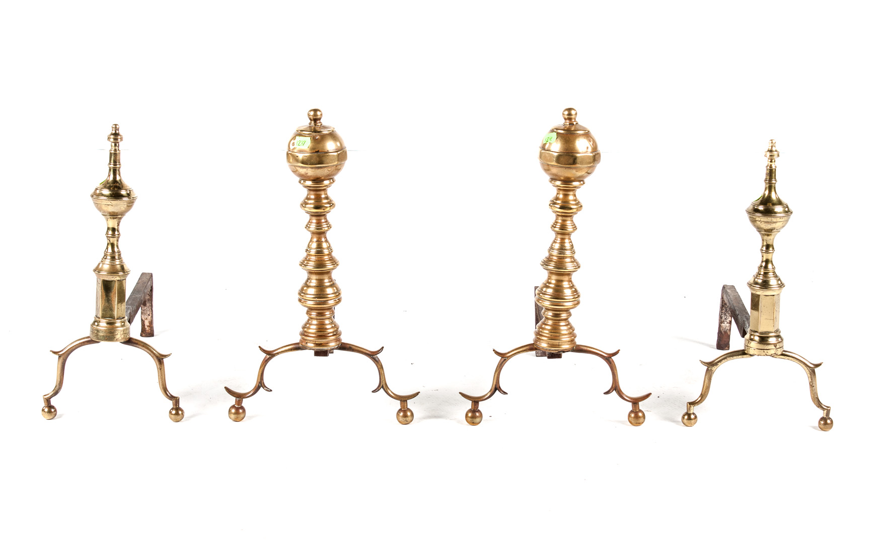 Appraisal: Two pairs of Federal style brass andirons in H in