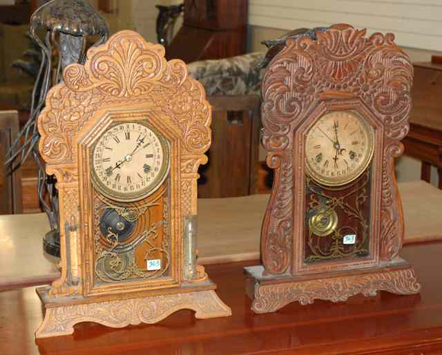 Appraisal: TWO AMERICAN OAK KITCHEN CALENDAR SHELF CLOCKS both Waterbury Clock