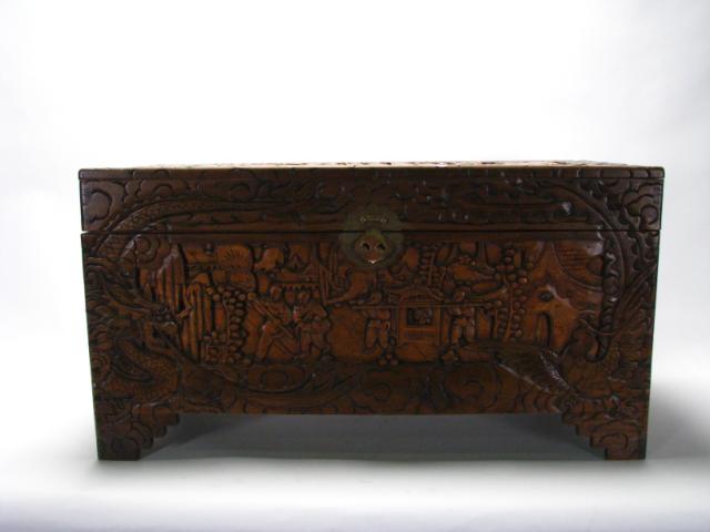 Appraisal: Oriental carved chest carved bracket foot interior sliding tray brass