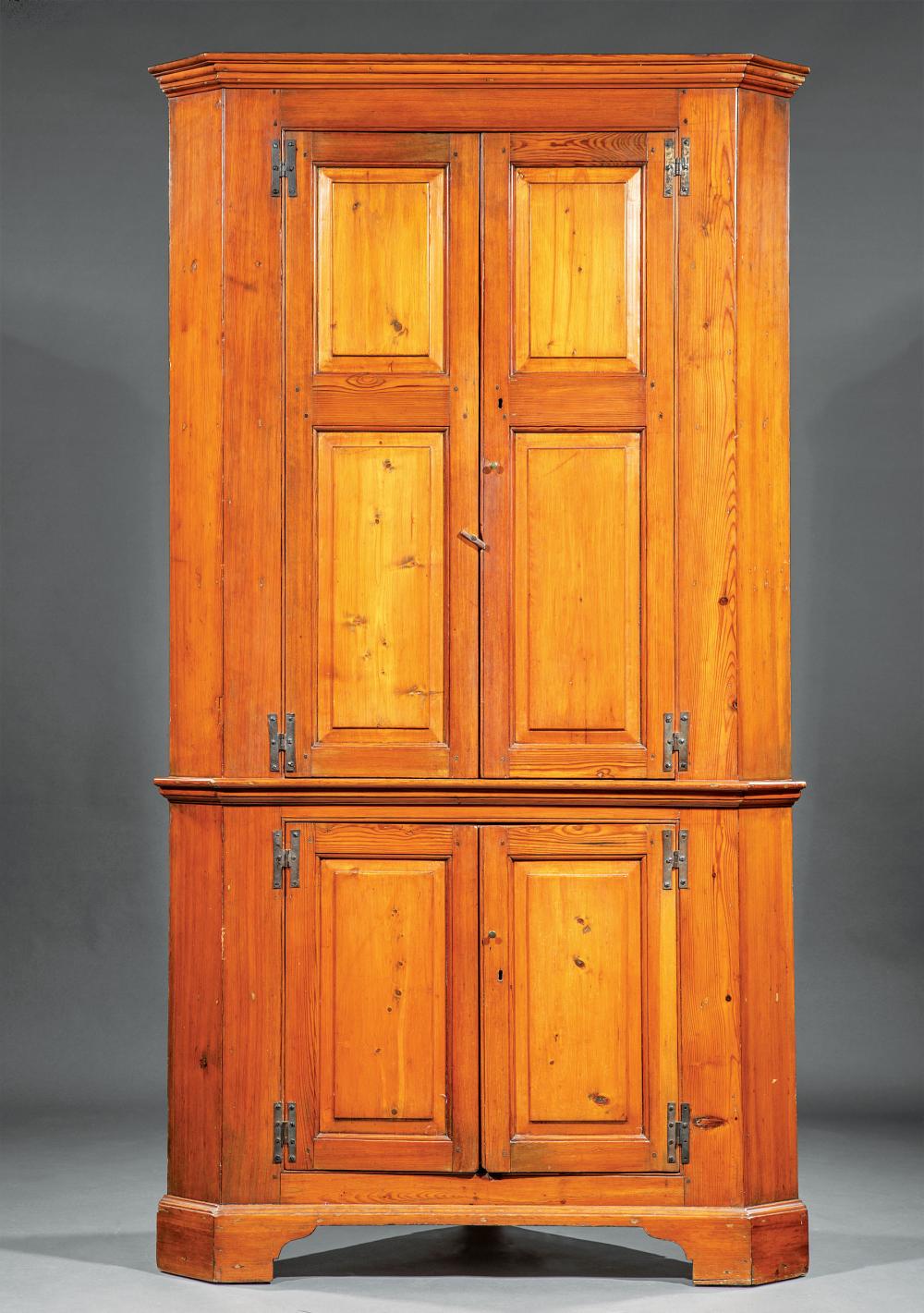 Appraisal: Southern Federal Pine Corner Cupboard early th c stepped cornice