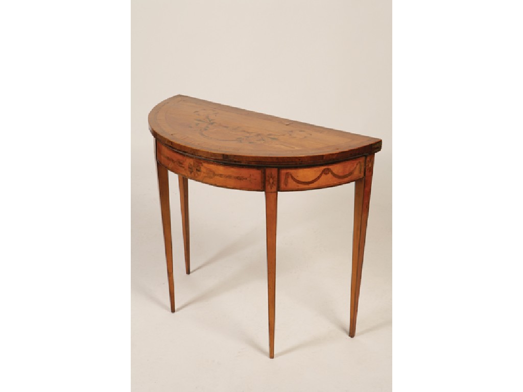 Appraisal: A GEORGE III SATINWOOD AND MARQUETRY D -SHAPED CARD TABLE