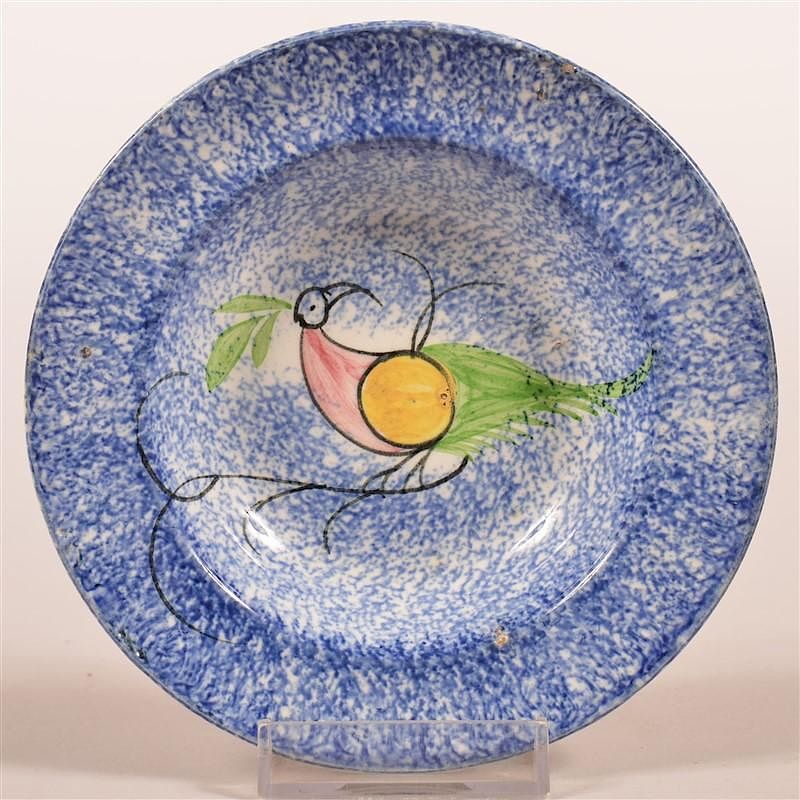 Appraisal: Blue Spatter Peafowl Pattern Small Sauce Dish Blue Spatter Peafowl