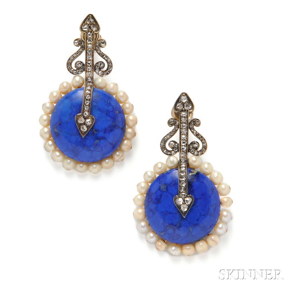 Appraisal: Lapis Pearl and Diamond Earrings of antique elements each circular