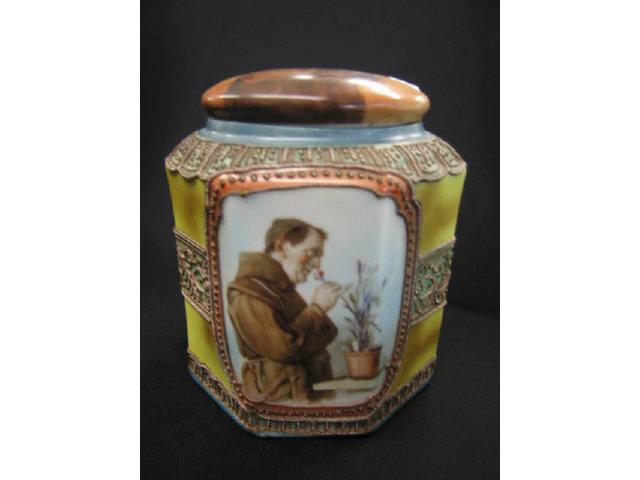 Appraisal: Nippon Moriage Porcelain Tobacco Jar or Humidor handpainted monk decor