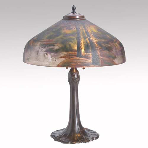 Appraisal: PITTSBURGH GLASS Table lamp its etched glass shade reverse and