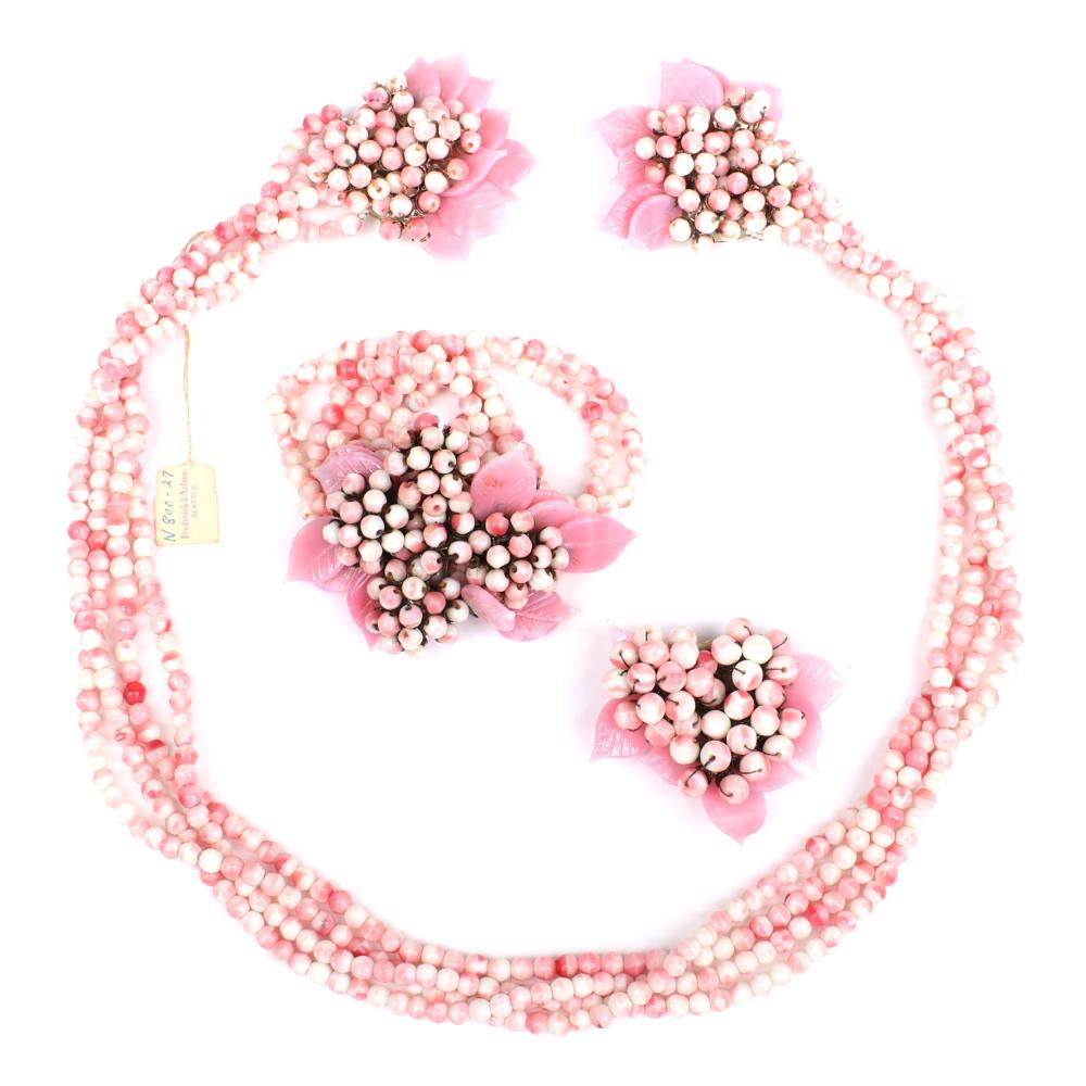 Appraisal: MIRIAM HASKELL UNSIGNED EARLY PC PINK BEADED FLORAL PARURE WITH