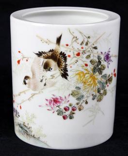 Appraisal: Chinese Enamel Porcelain Brush Pot Chinese enamel porcelain brush pot