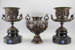 Appraisal: Pc Bronze Marble Lapis inlaid Urn Garnitures Piece Bronze mounted