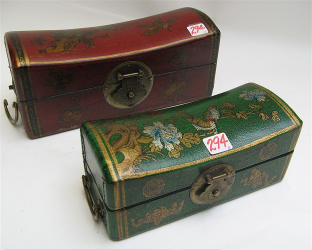 Appraisal: TWO CHINESE PILLOW-FORM STORAGE BOXES both decorated with flowering tree