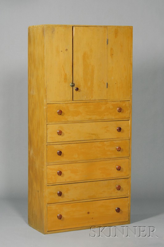 Appraisal: Yellow-painted Pine Shaker Freestanding Cupboard and Chest of Drawers probably