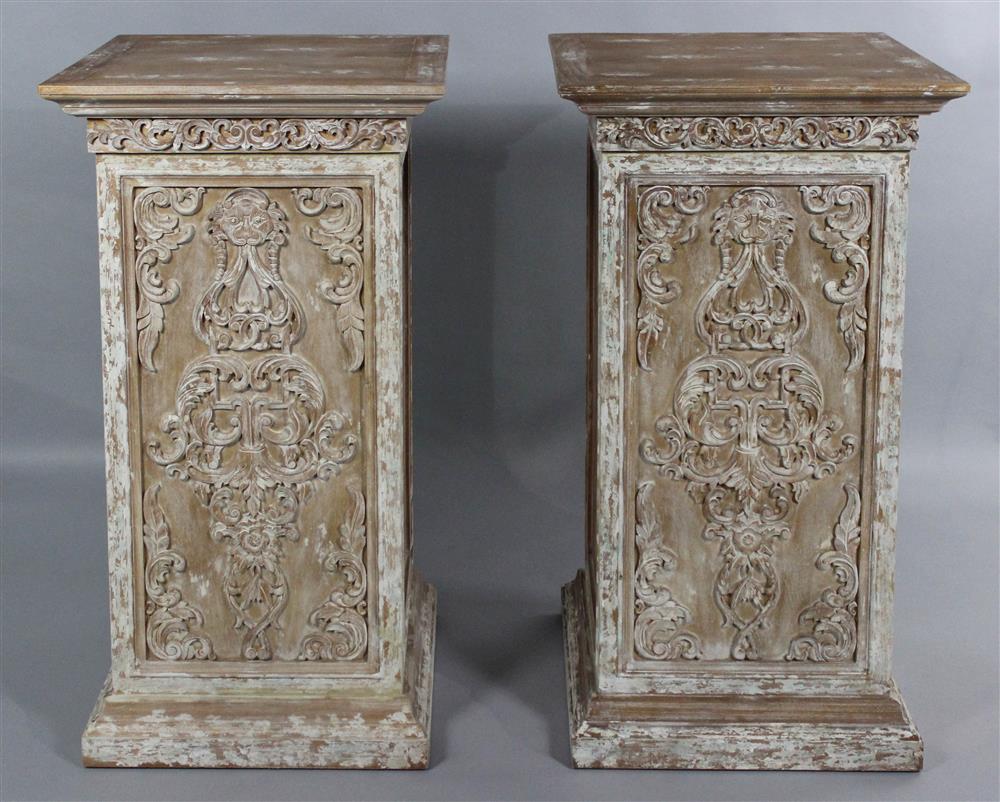 Appraisal: PAIR OF LARGE SQUARE WHITEWASHED WOOD PEDESTALS square framed top