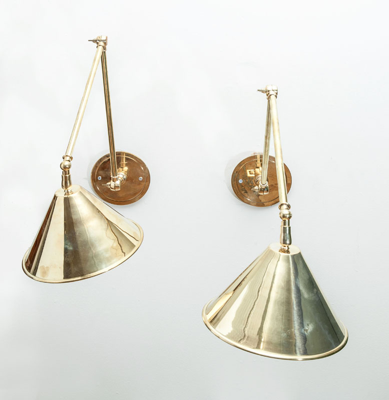 Appraisal: PAIR OF BRASS WALL-MOUNTED ADJUSTABLE LIGHTS Shade in diam The