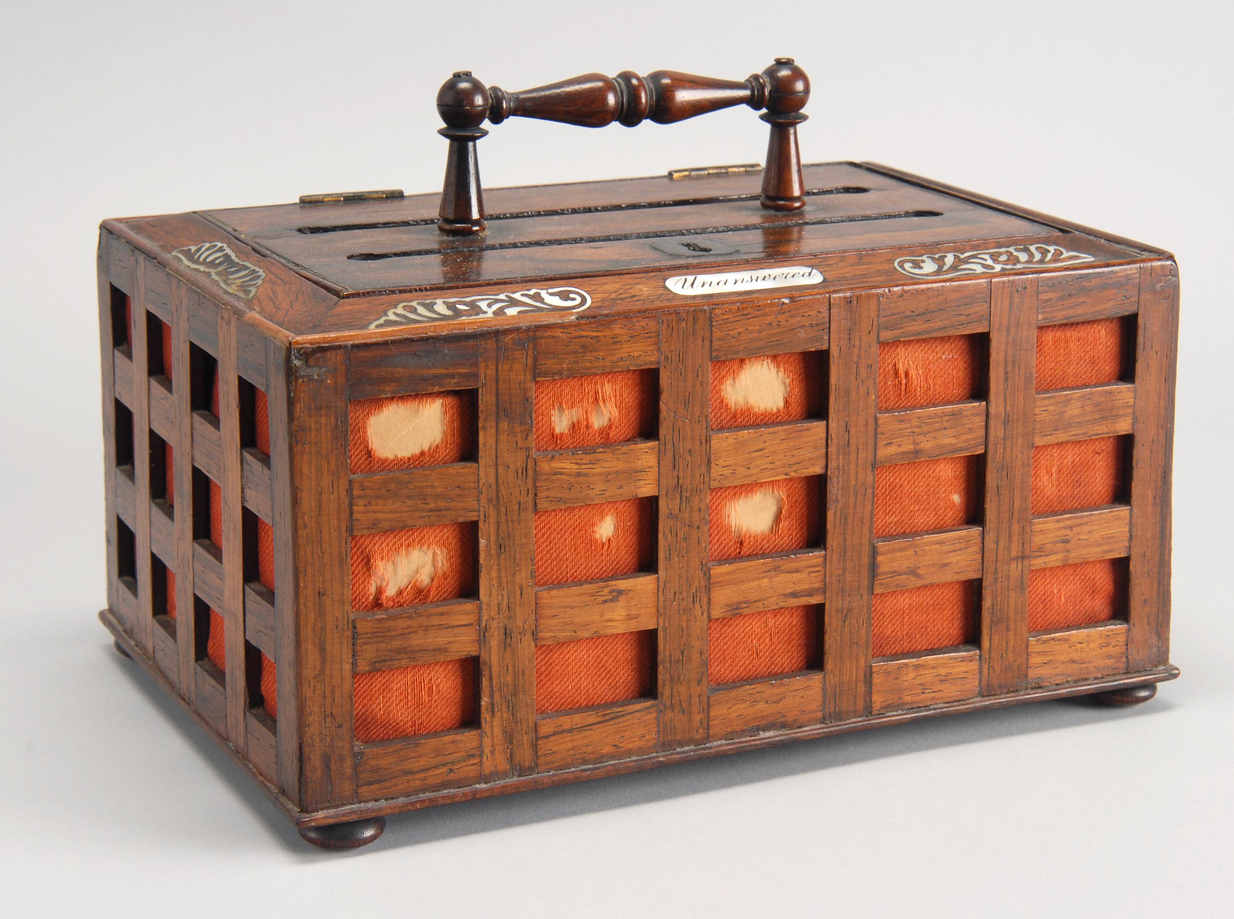 Appraisal: UNUSUAL EARLY TH CENTURY MOTHER-OF-PEARL-INLAID LETTER BOX with fabric-lined latticework