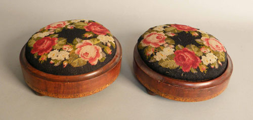 Appraisal: Pair of inlaid mahogany stools with needlework cushions h w