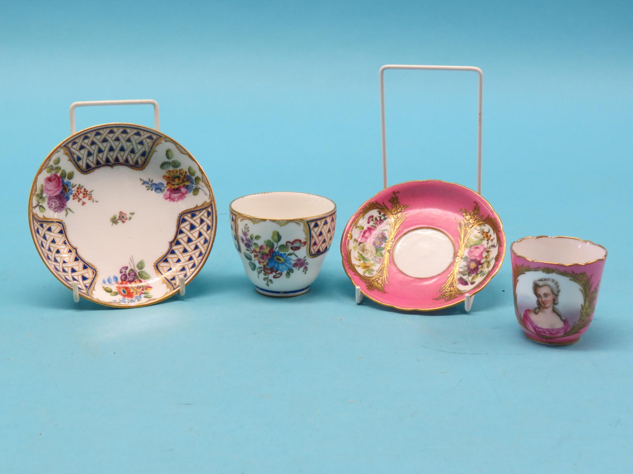 Appraisal: Two th century Sevres-style coffee cups and saucers enamelled floral