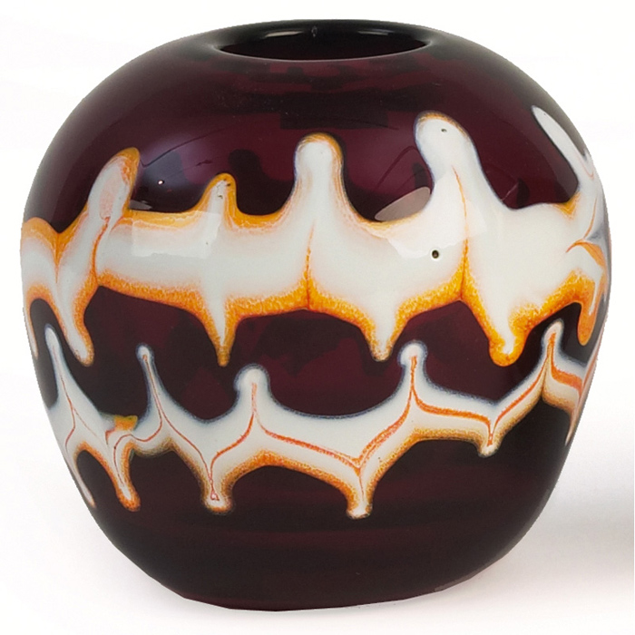 Appraisal: Dominick Labino vase c dark red with applied white and