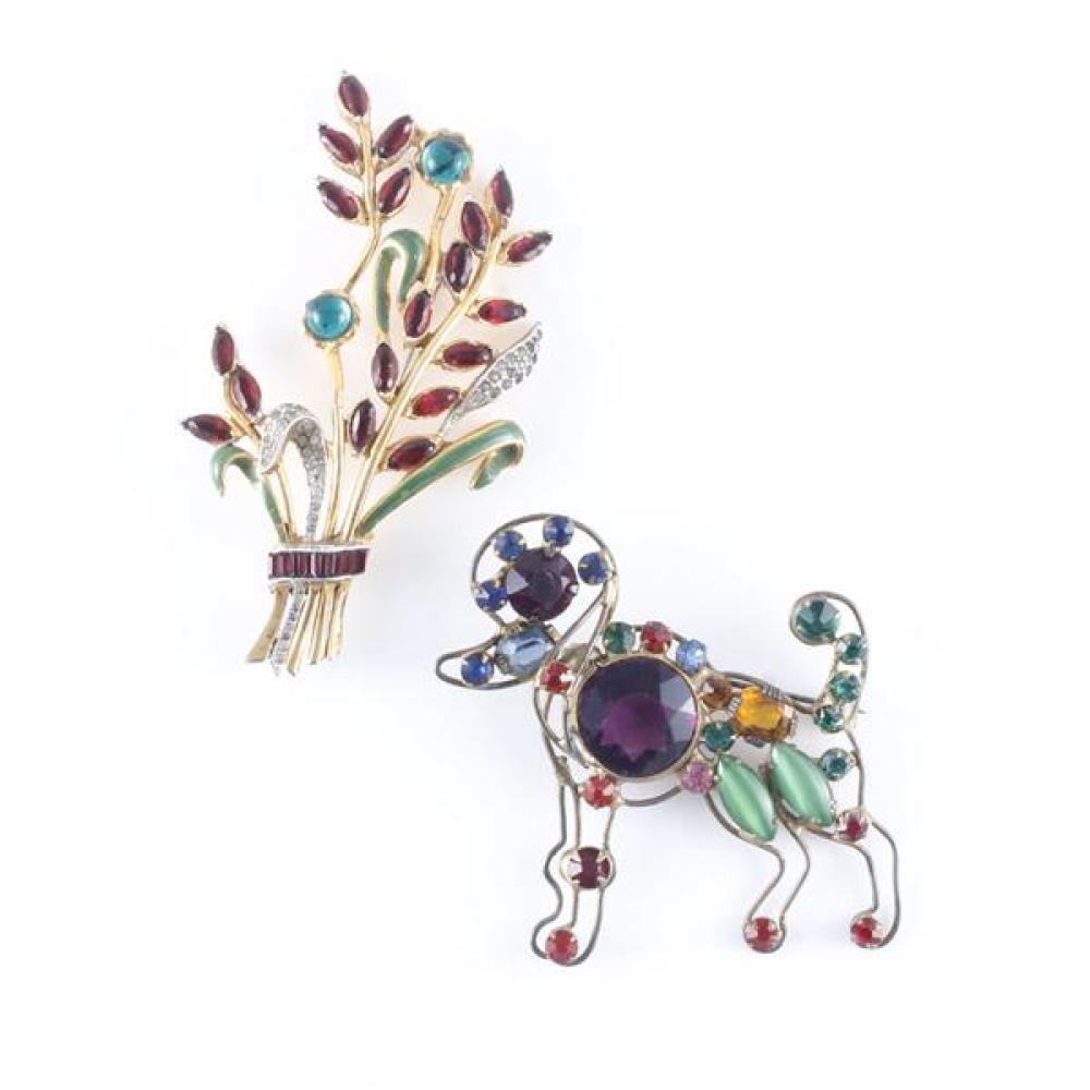 Appraisal: UNSIGNED OPENWORK POODLE PIN WITH MULTICOLORED JEWELS UNSIGNED FLOWER SPRAY