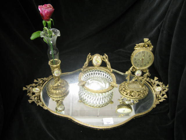 Appraisal: Ornate Gold Finish Dresser Set mirrored tray clock vase dish