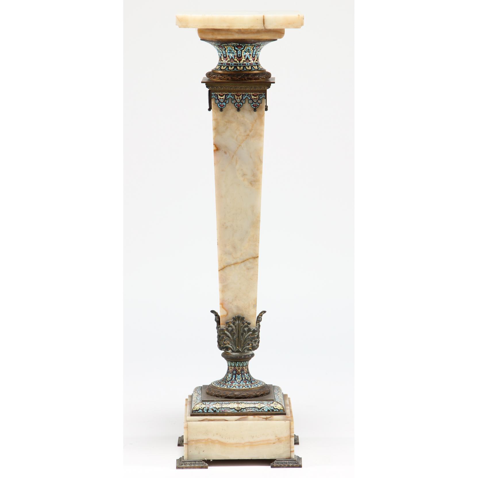 Appraisal: Continental Alabaster and Champleve Pedestal circa square swivel top supported