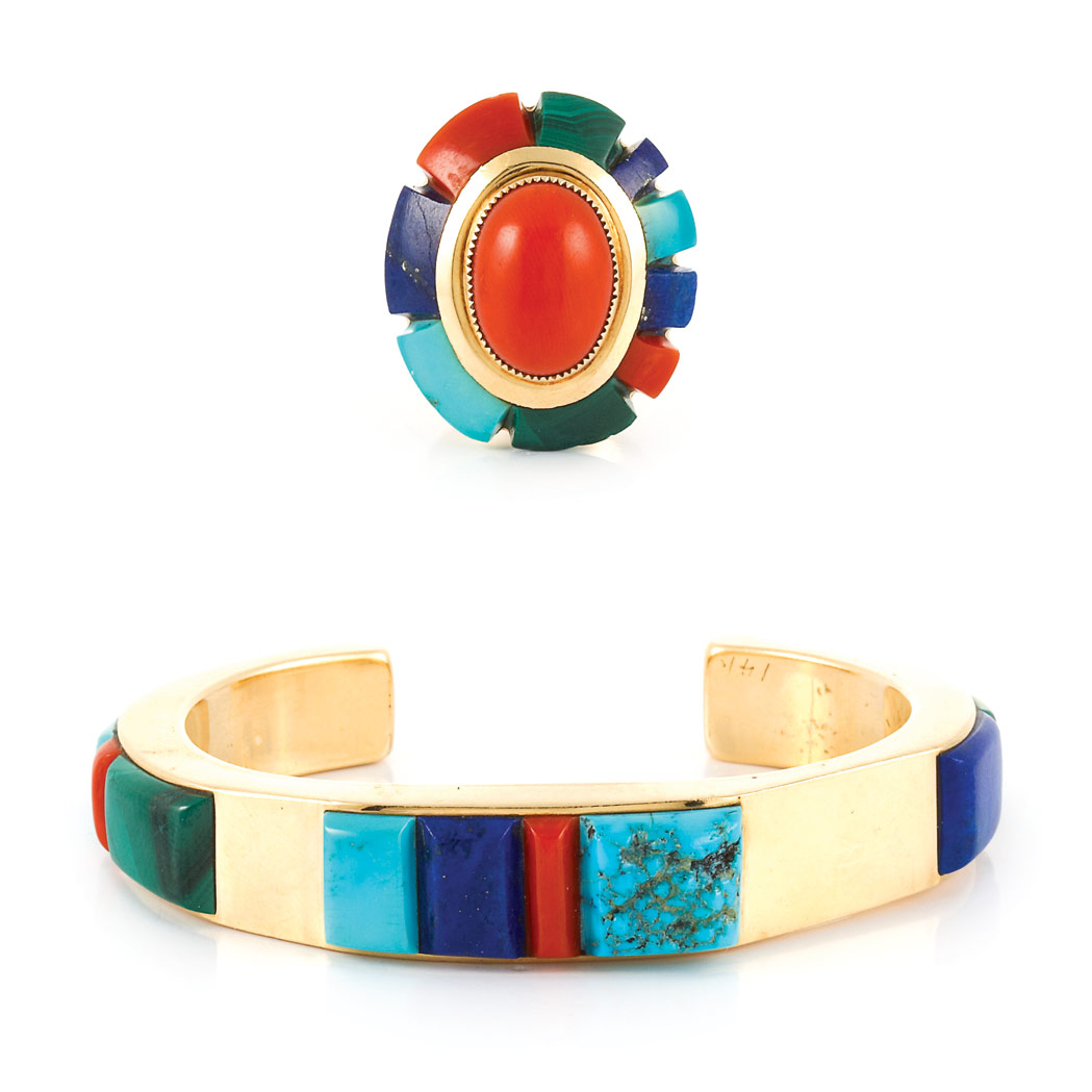 Appraisal: Gold and Hardstone Cuff Bangle Bracelet and Ring kt turquoise