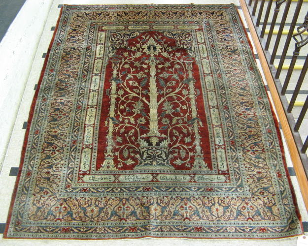 Appraisal: ANTIQUE PERSIAN SILK HERIZ PRAYER RUG northwestern Iran early th