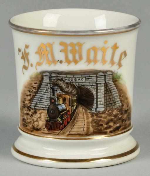 Appraisal: Train Exiting Hoosac Tunnel Shaving Mug Description Gilt name F