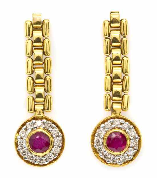 Appraisal: A Pair of Karat Yellow Gold Diamond and Ruby Dangle