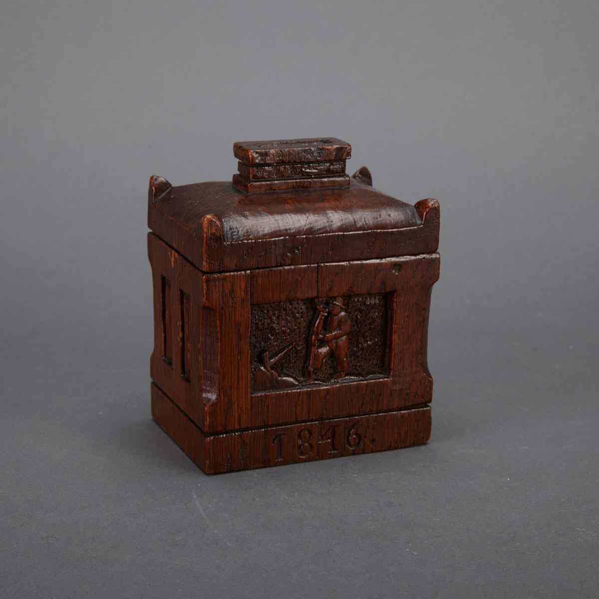 Appraisal: Continental Carved Oak Building Form Tobacco Box with hinged lid