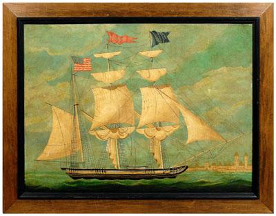 Appraisal: Maritime painting portrait of a three-masted ship in a harbor