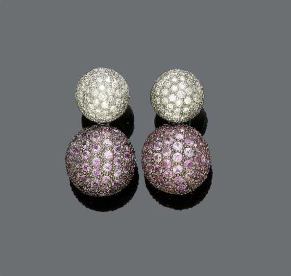 Appraisal: PINK SAPPHIRE AND DIAMOND PENDANT EARRINGS White gold Decorative pendant