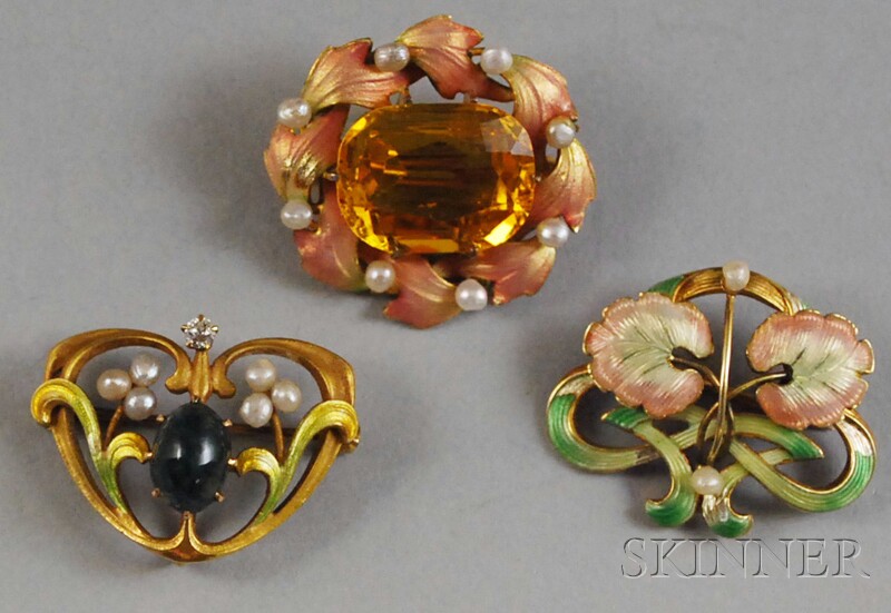 Appraisal: Three kt Gold Enamel and Seed Pearl Art Nouveau Pins