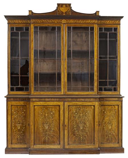 Appraisal: GEORGE III MAHOGANY AND INLAID BREAKFRONT LIBRARY BOOKCASE CIRCA the