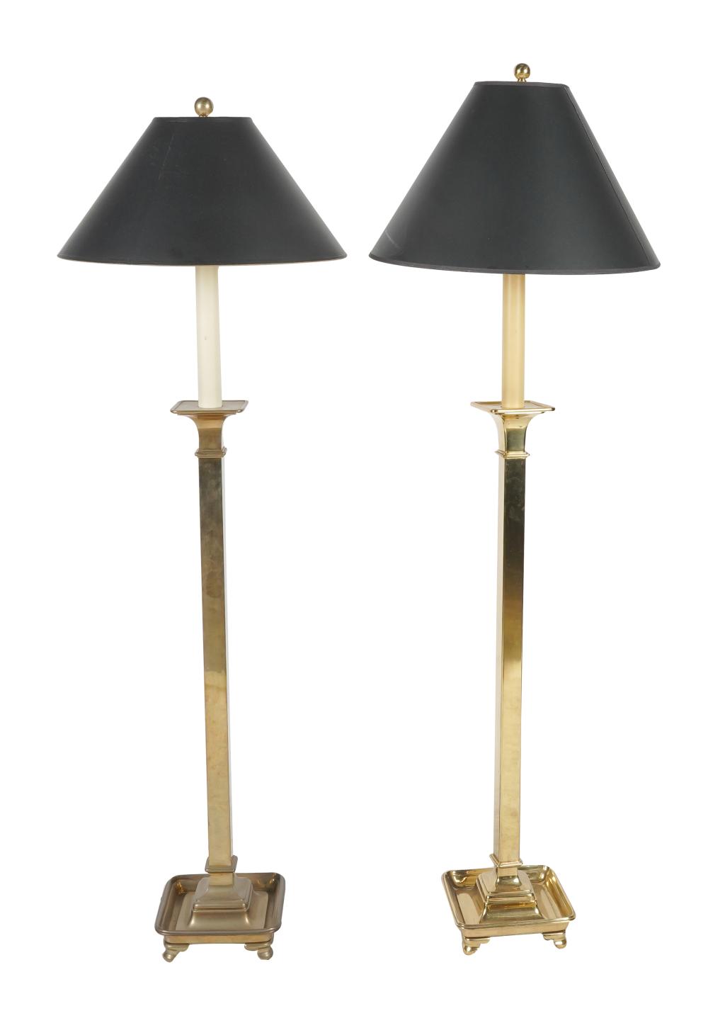 Appraisal: PAIR OF BRASS FLOOR LAMPSwith paper shades Condition slight discoloration