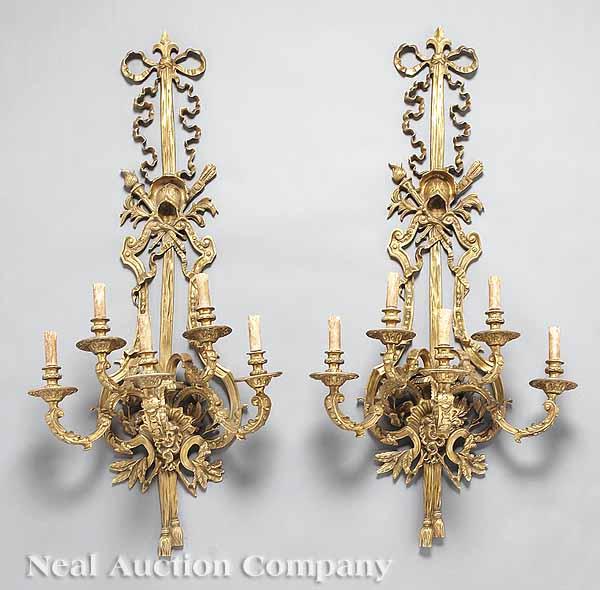 Appraisal: A Pair of Monumental Gilt-Bronze Five-Light Sconces in the Louis