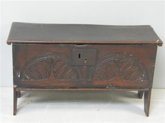 Appraisal: th century miniature oak coffer with carved front h w