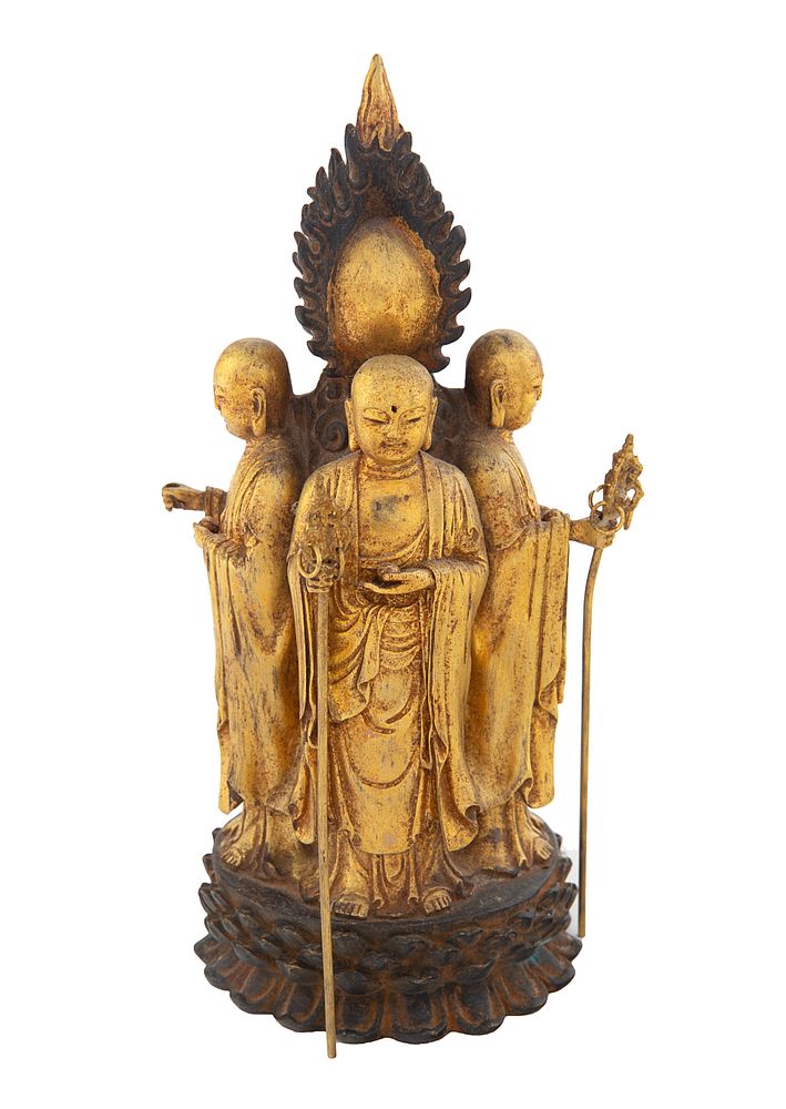 Appraisal: A GILT BRONZE CHINESE SCULPTURAL GROUP OF BUDDHIST MONKS TH