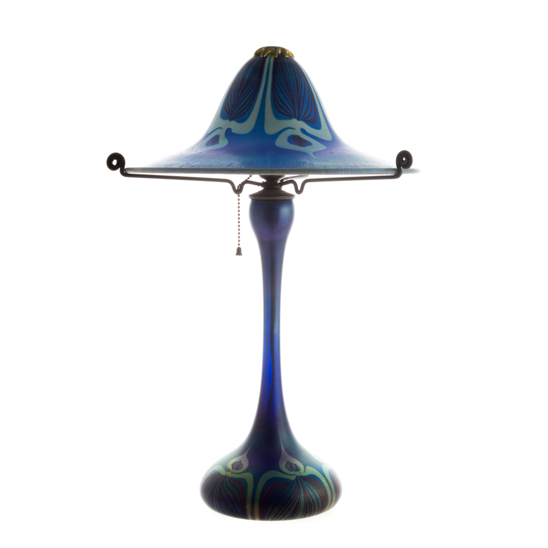 Appraisal: Carl Radke Blue Peacock art glass lamp American Contemporary Feather