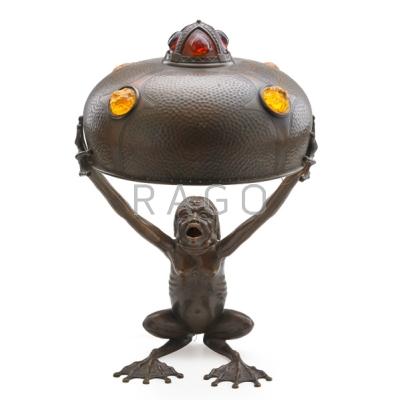 Appraisal: AUSTRIAN Figural grotesque lamp Austria ca Patinated brass copper glass