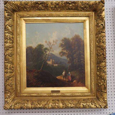 Appraisal: th Century German Landscape Oil couple along a path castle