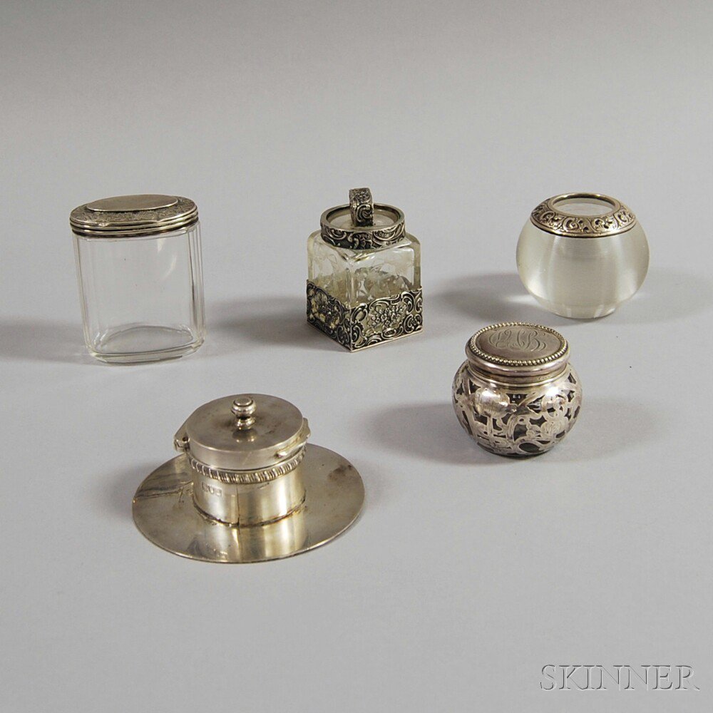 Appraisal: Five Sterling Silver-mounted Glass Items three sterling silver-mounted and lidded