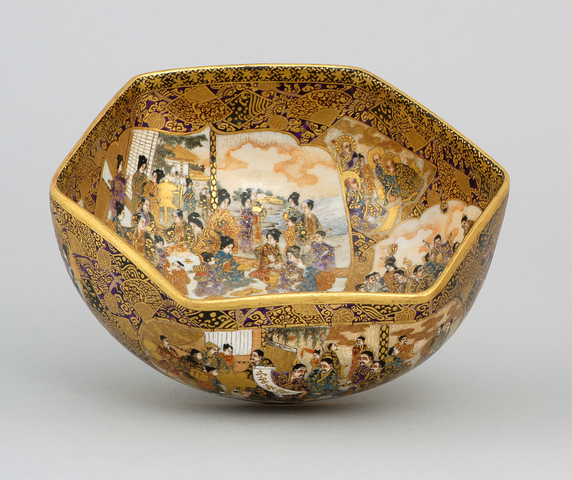 Appraisal: SATSUMA POTTERY BOWL In hexagonal form With interior and exterior